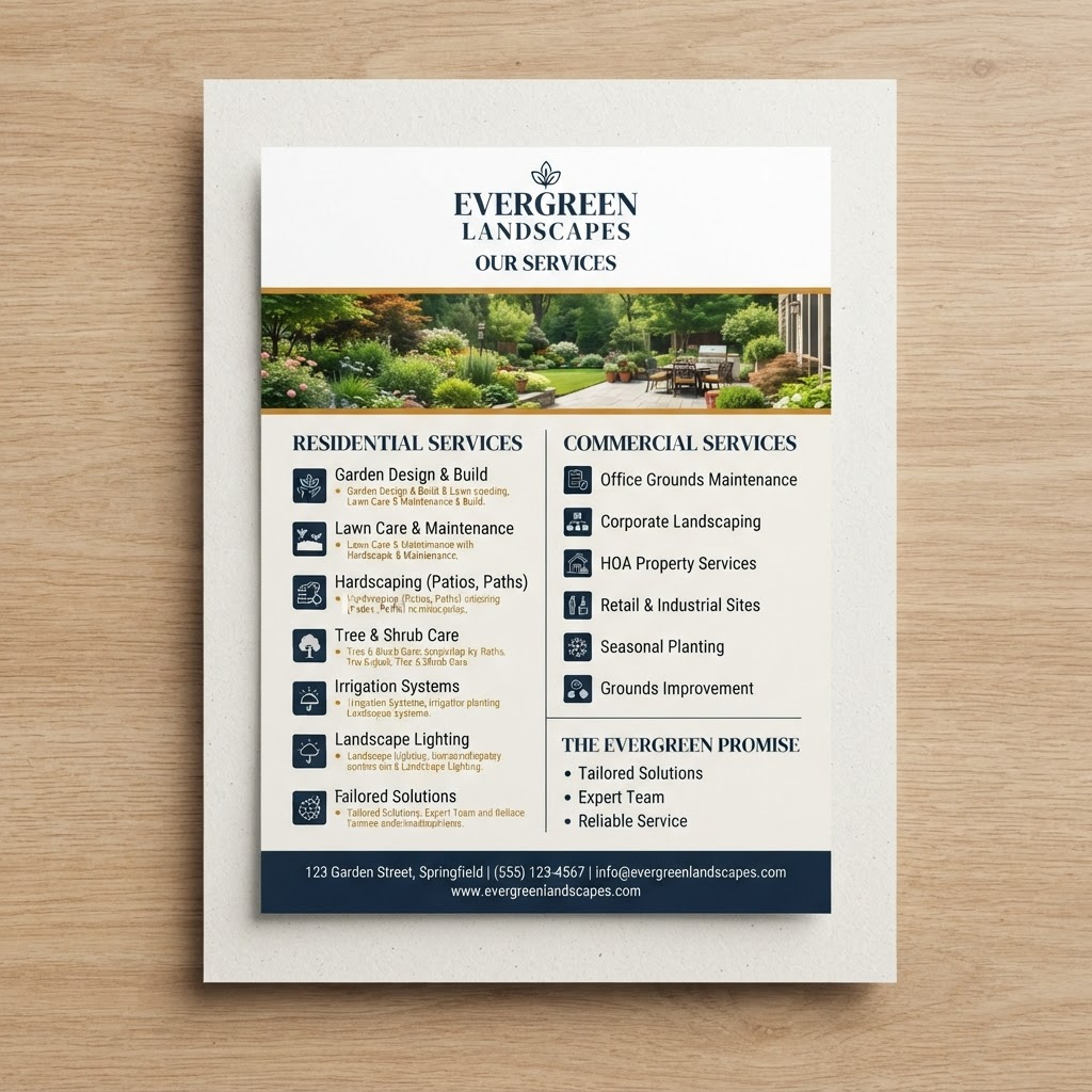 Promotional material sample: Landscaping Service Sheet
